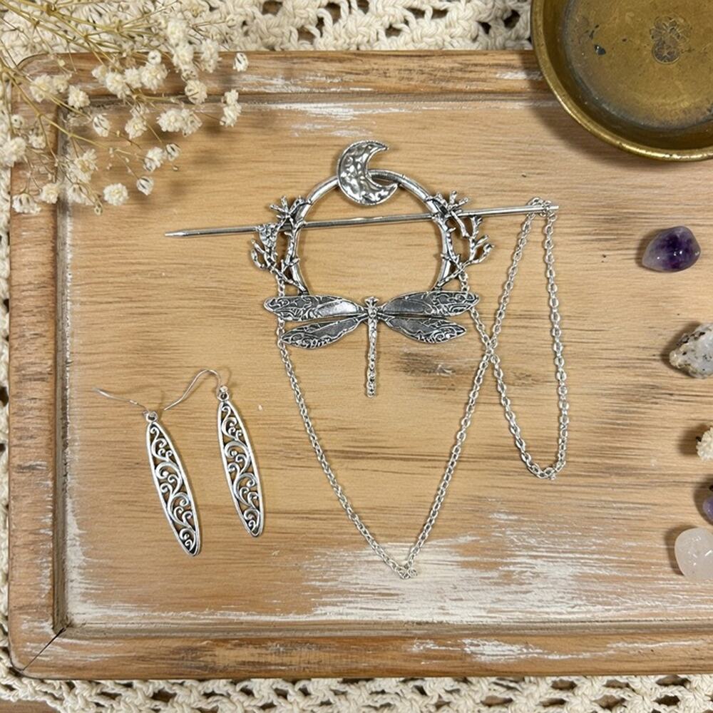 Silver Chained Dragonfly Hairpin Hair Clip & Dangle Earring Set
